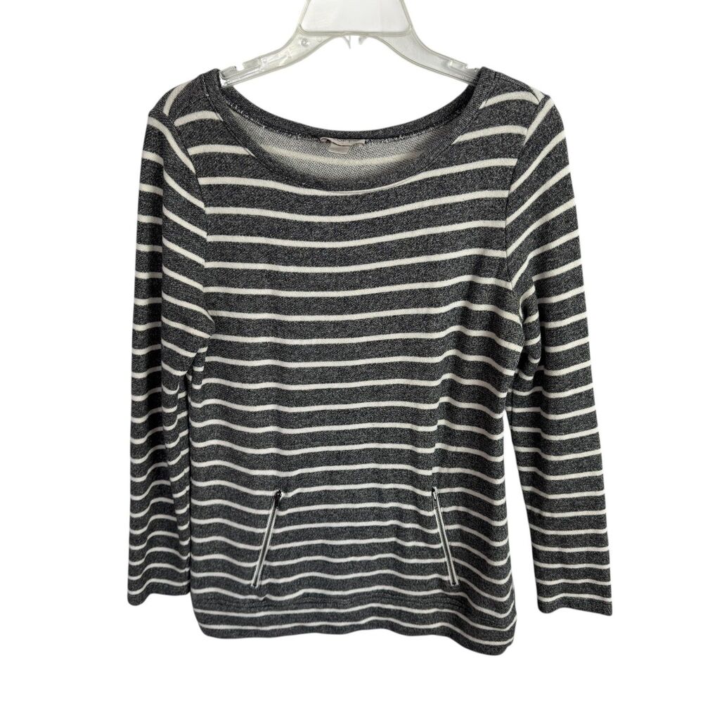 LOFT Women's Top Size Medium Gray/White Striped Zipper Pockets Long Sleeves